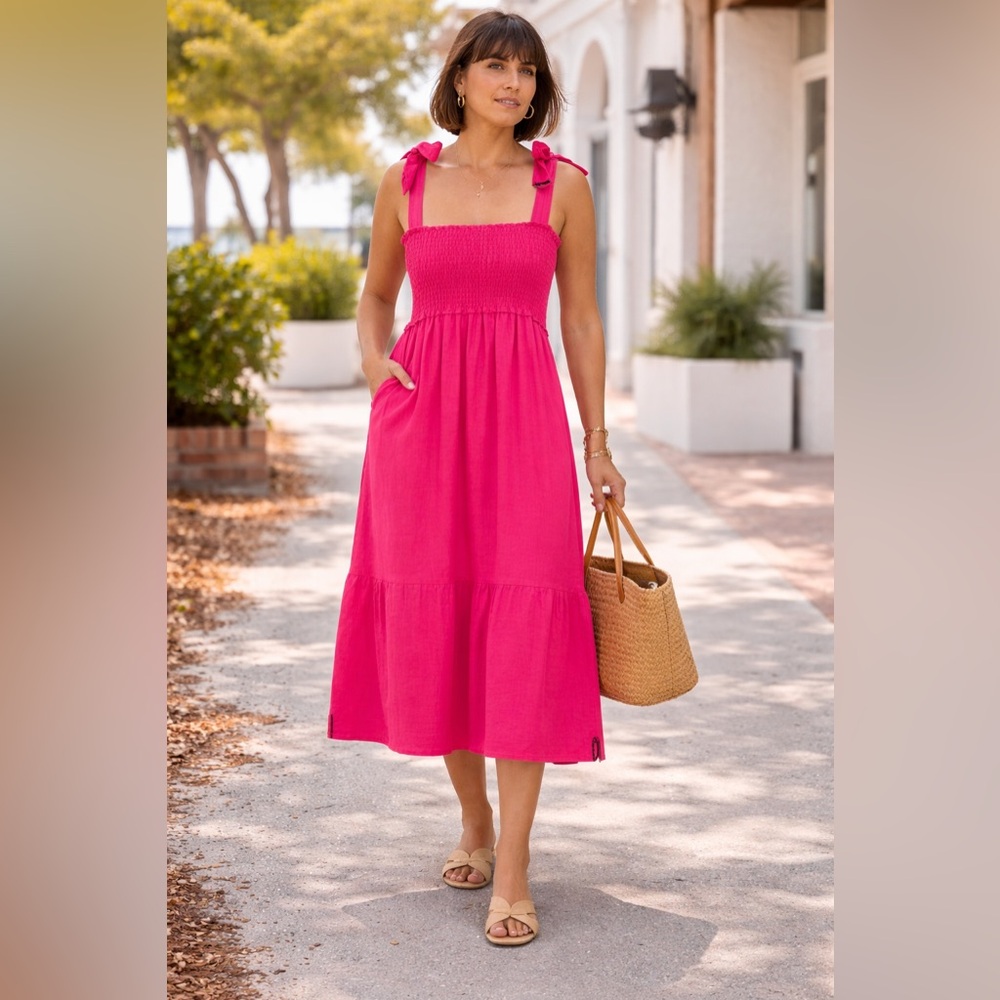 Tuckernuck Caryn Lawn Linen Blend Lily Dress Pink Midi Smocked Bodice Bow Straps